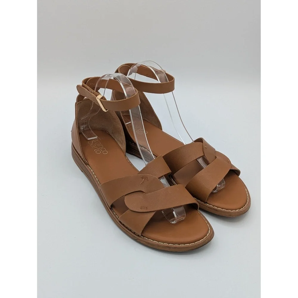Franco Sarto Sandals 9 Tan Leather Ankle Strap Flat Minimalist Boho Summer - Picture 4 of 15